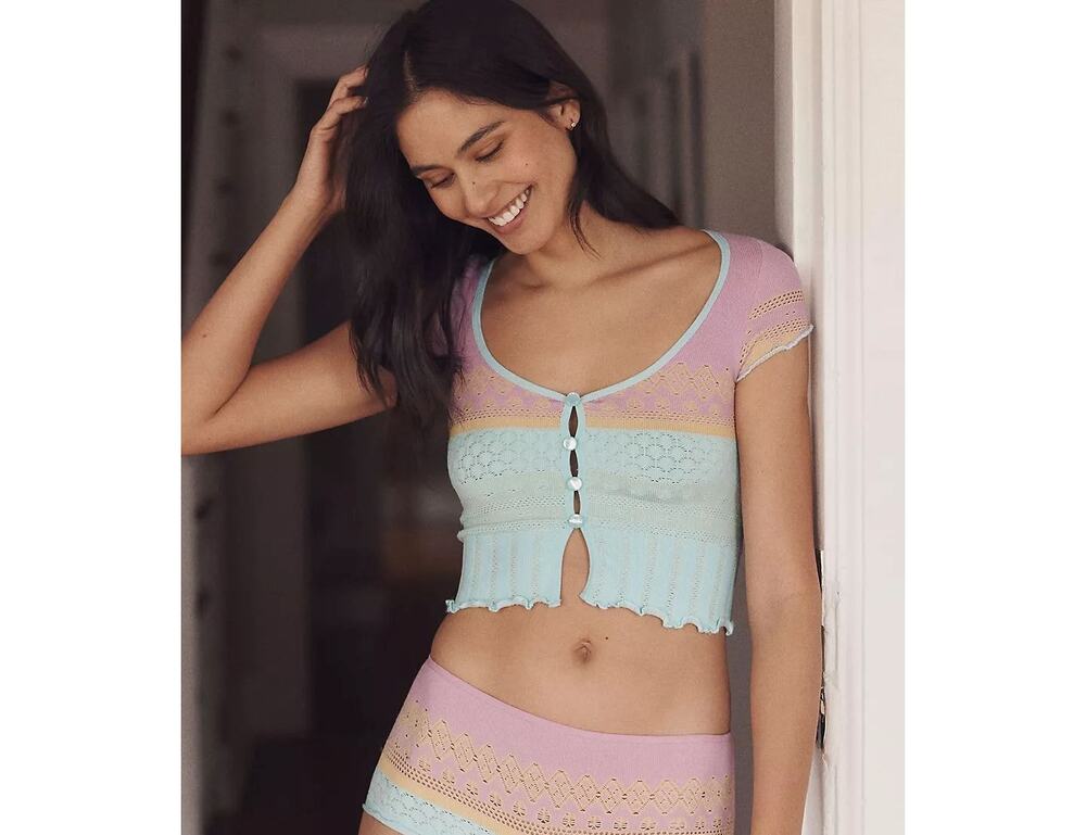 NWT Anthropologie LyreBird Textured Seamless Crop Top Blue Heart Stripe S/M